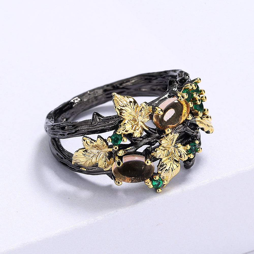 Gorgeous Black & Gold Style Crystal Zircon Leaf Rings