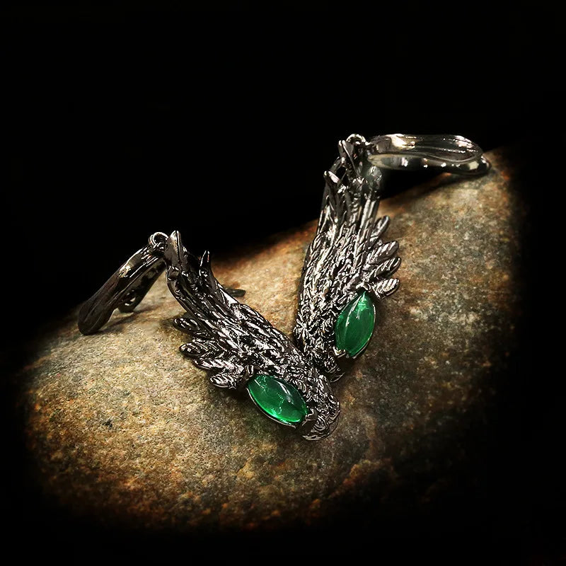 Vintage Wings Feather Drop Earrings Green Zircon Earrings