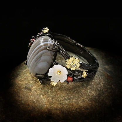 Floral Black & Gold Style Rings with Rose or Random Gemstone