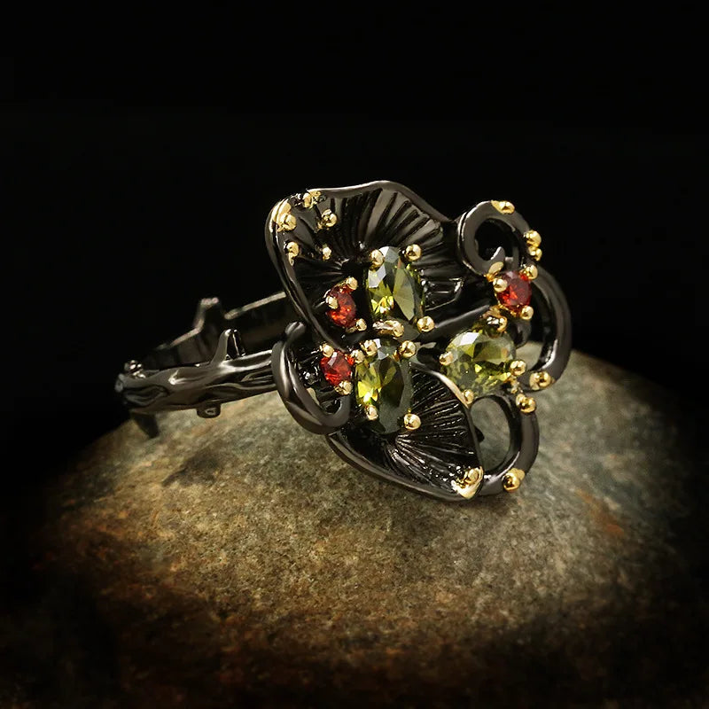 Vintage Palace Embossed Green Zircon Flower Black & Gold Style Rings