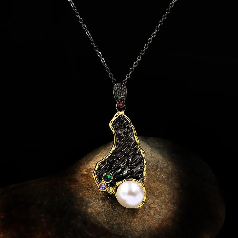Medieval Black & Gold Series Pearl & Zircon Necklace