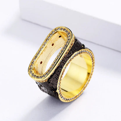 Atmosphere Rings Zircon Rings Tree Hole Geometric Black & Gold Style Double