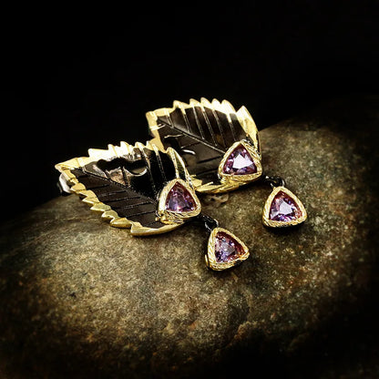 Leaf Feather Pendant Earrings Purple Zircon Earrings