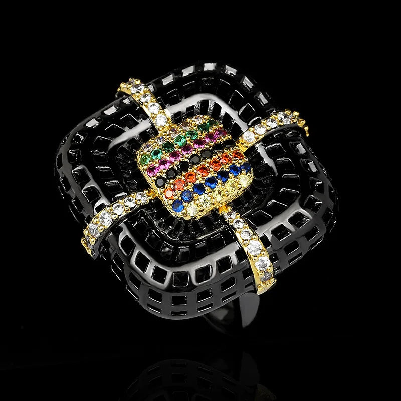 Ring Black & Gold Style Flower Rings Zircon Geometric Black & Gold Style