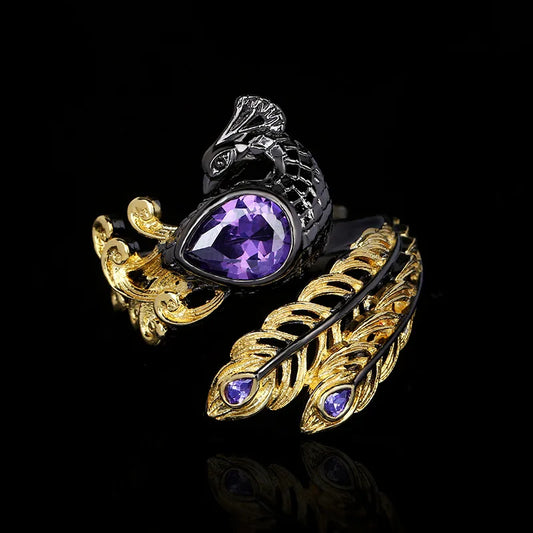 Rings Purple Zircon Peacock Feather Rings Black & Gold Style Ring