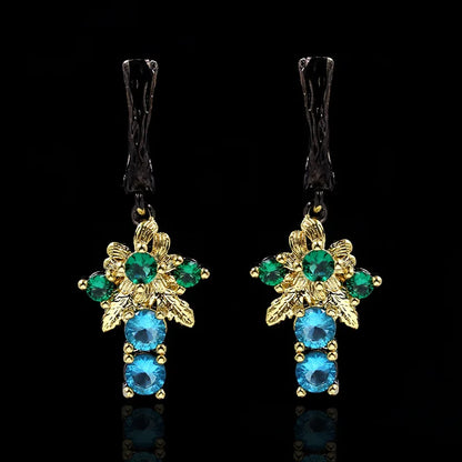 Blue Geometric Zircon Drop Flower Earrings