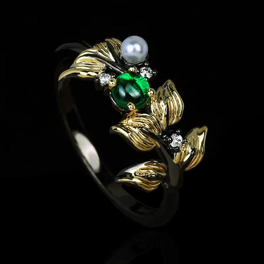 Classic Black & Gold Style Leaf Pearl Green Diopside Rings