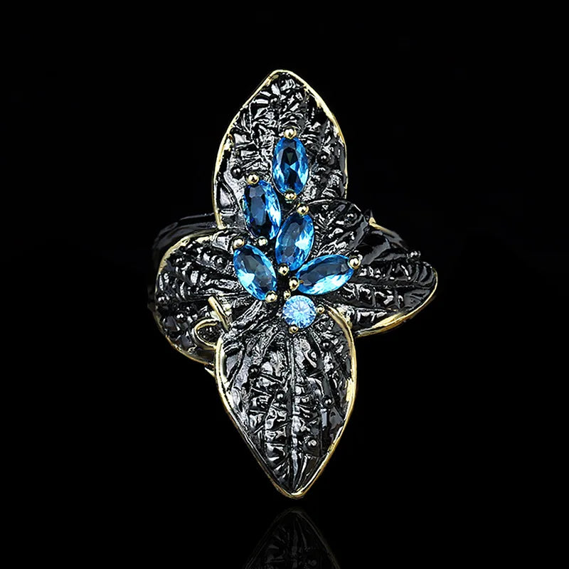 Black & Gold Style Two-Leaf Flower Rings Blue Zircon Rings