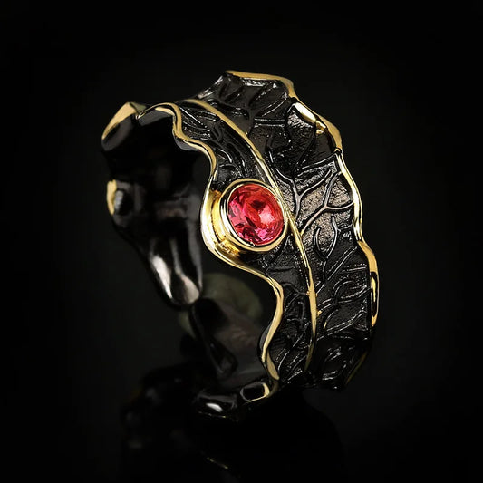 Royal Red Zircon Black & Gold Style Adjustable Ring