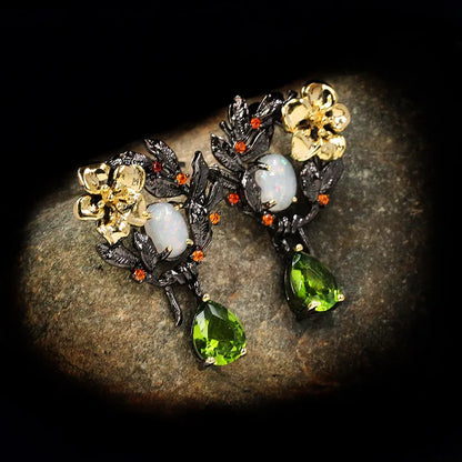 Flower Pearl Green Zircon Drop Earrings Opal Black & Gold Style Earrings