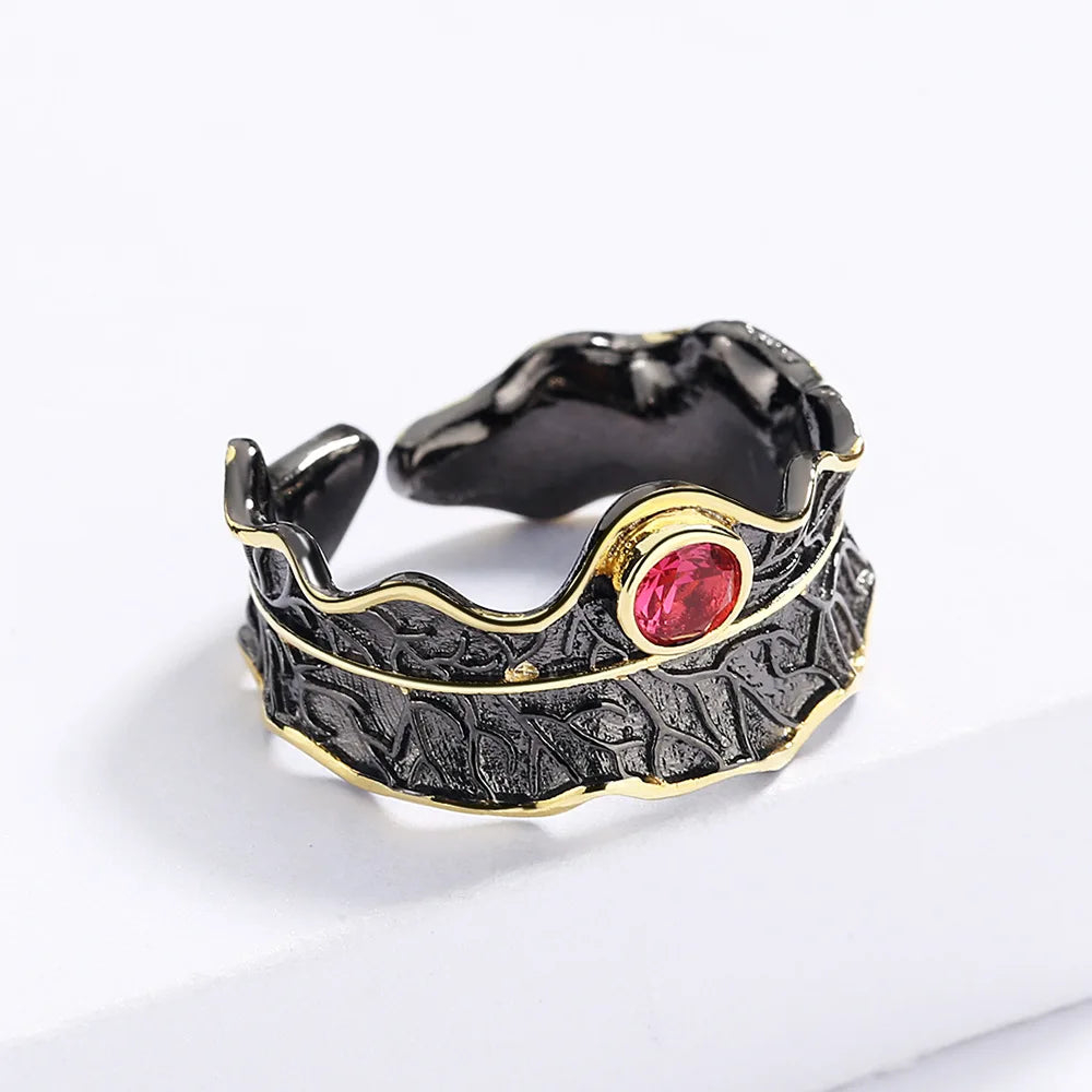 Royal Red Zircon Black & Gold Style Adjustable Ring