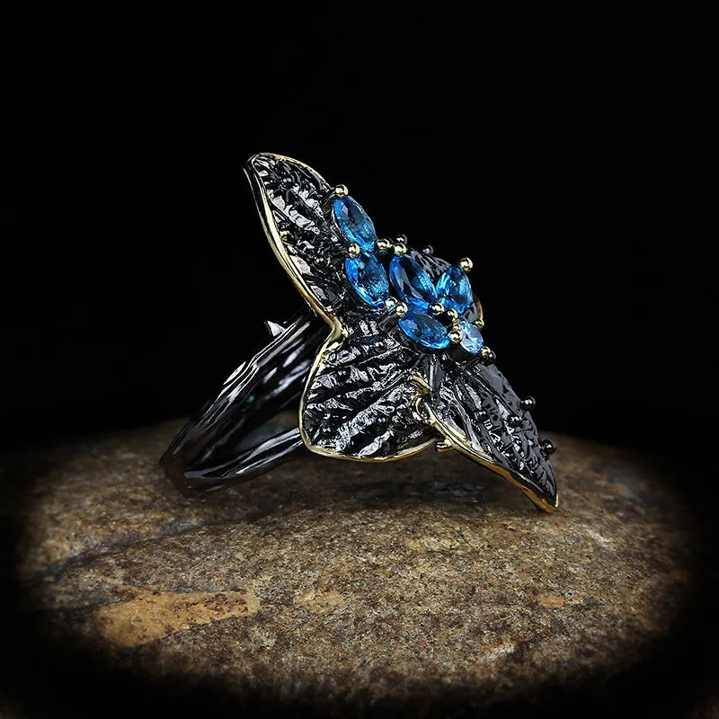 Black & Gold Style Two-Leaf Flower Rings Blue Zircon Rings