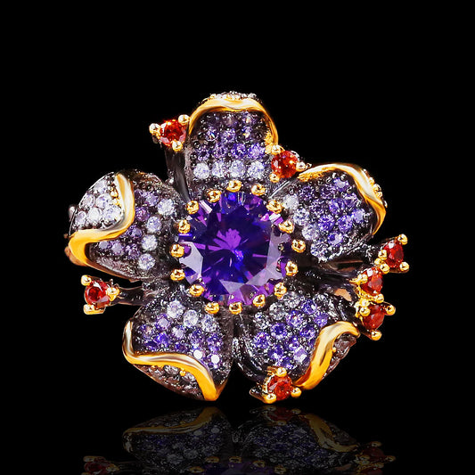 Ring Black & Gold Style Flower-d Rings Purple Zircon Chain