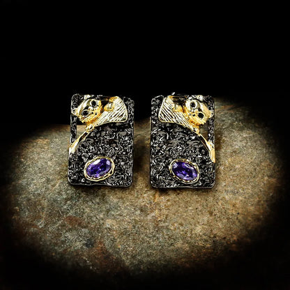 Black & Gold Style Purple Zircon Cat Earrings