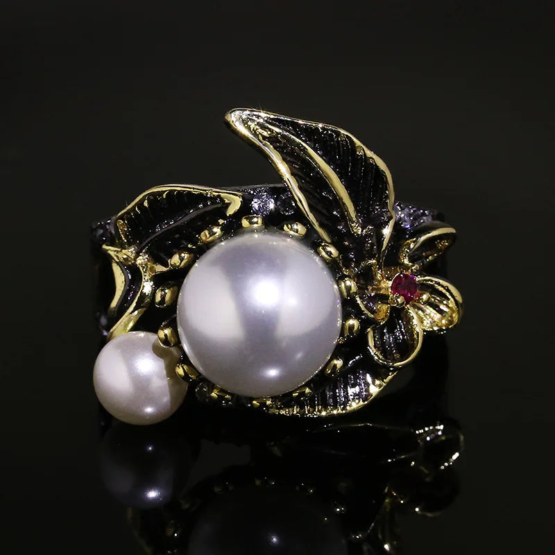 Gothic Floral Black & Gold Style Freshwater Pearl Ring