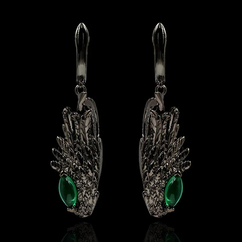 Vintage Wings Feather Drop Earrings Green Zircon Earrings