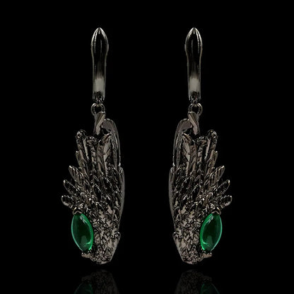 Vintage Wings Feather Drop Earrings Green Zircon Earrings