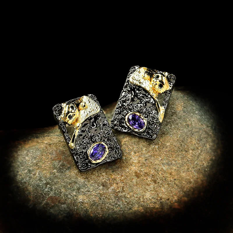 Black & Gold Style Purple Zircon Cat Earrings