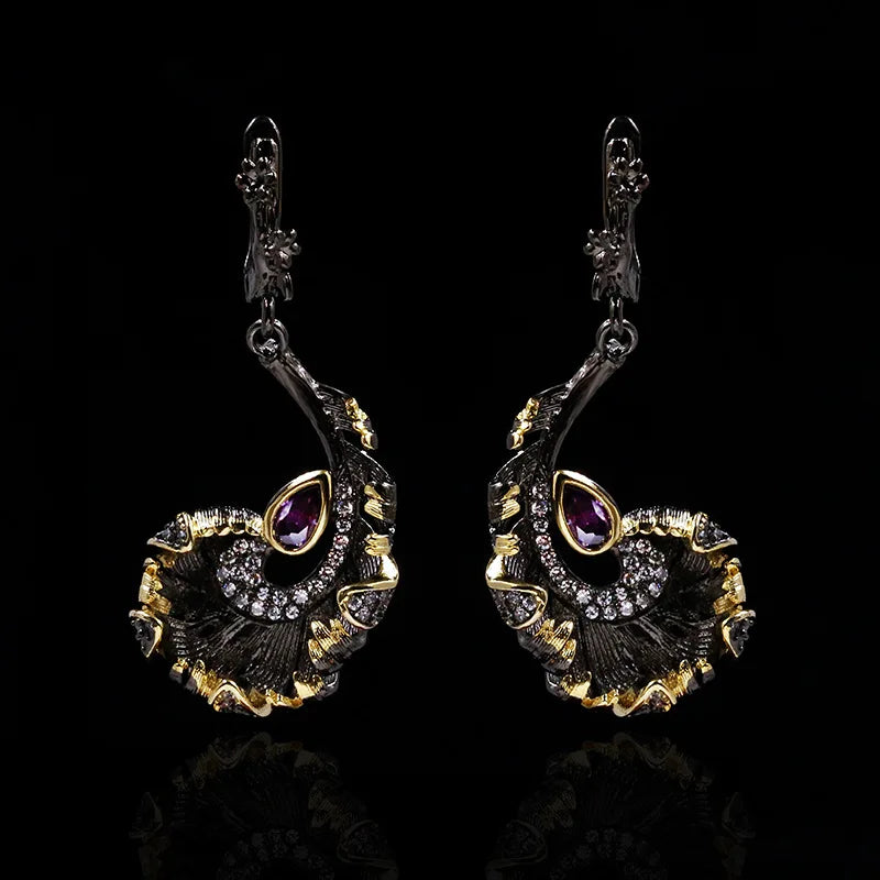 Black & Gold Style Zircon Curly Leaf Long Earrings