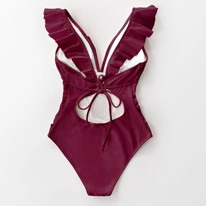 V-neck Ruffled One Piece Monokini Swimwear