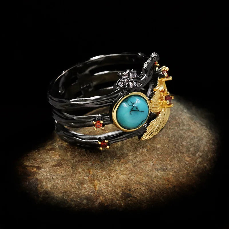 Black & Gold Style Feather Rings Decorated with Zircon, Turquoise