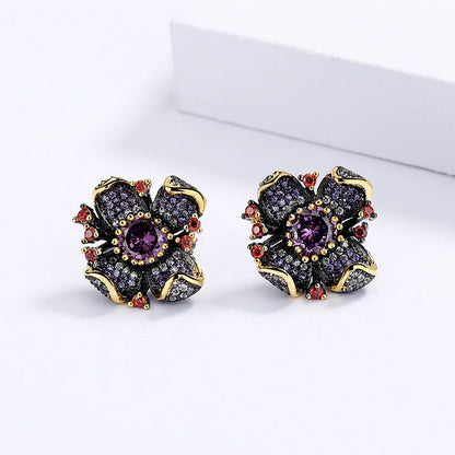 Black & Gold Style Flower Earrings with Purple & Red Zircon Gemstones