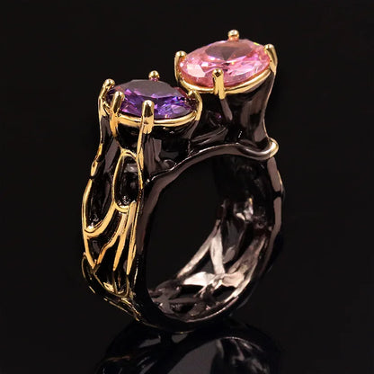 Zircon Black & Gold Style Pink & Purple Zircon Round Cocktail Rings