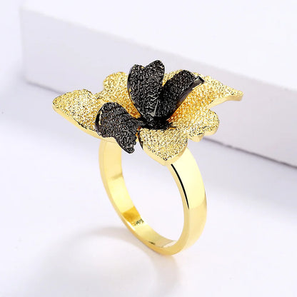 Ring Branch Flower Rings Black & Gold Style Double