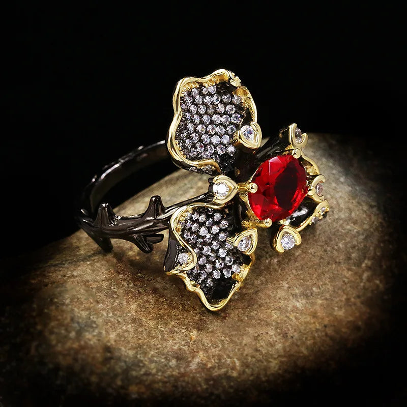 Black & Gold Style Flower with Red Rings Cocktail Flower Ring