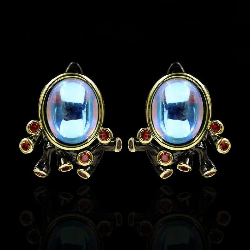 Vintage Earrings Blue Moonlight Zircon Earrings Black & Gold Style Crystal