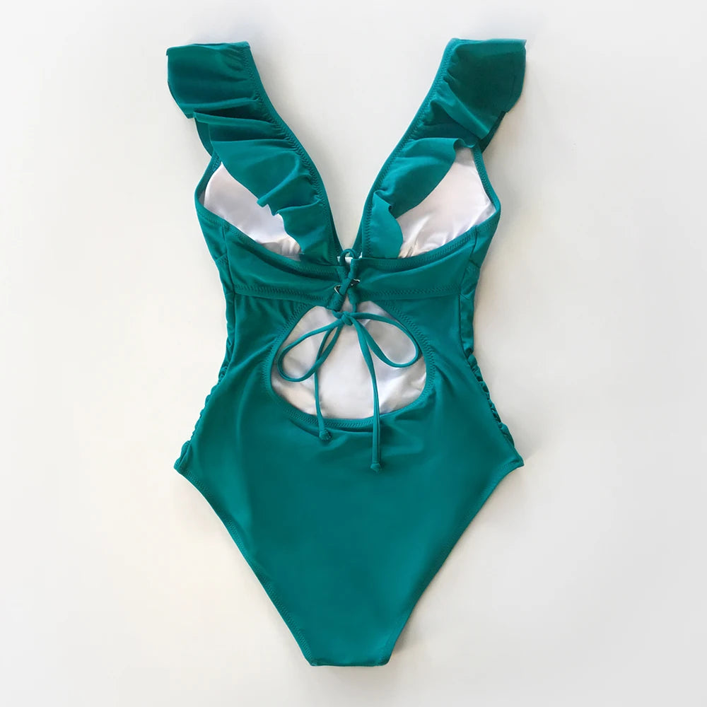 V-neck Ruffled One Piece Monokini Swimwear