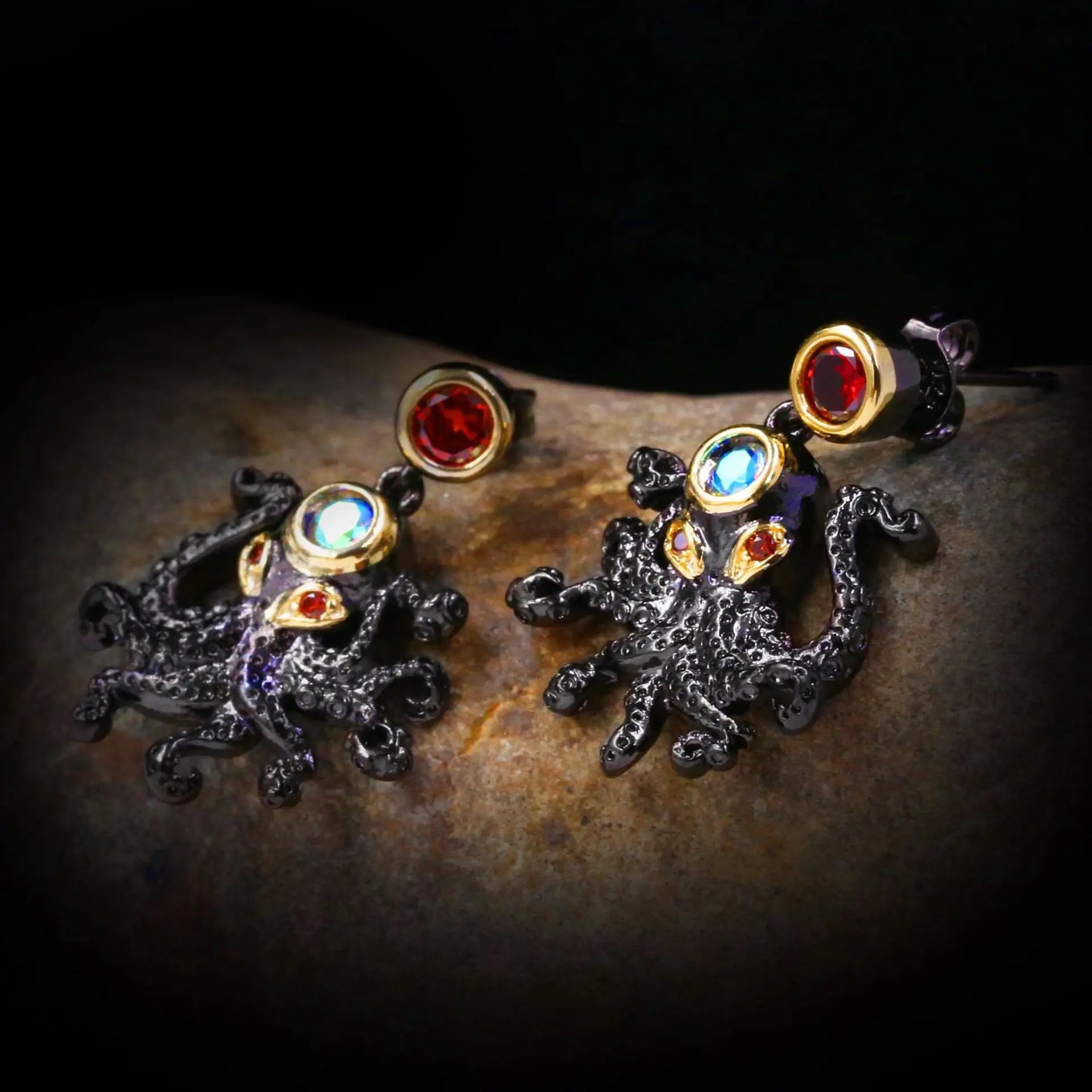 Novel Earrings Octopus Black & Gold Style Red Zircon High