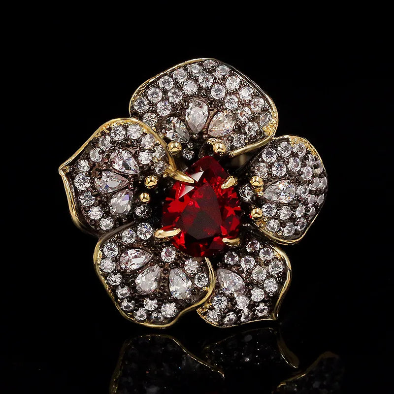 Classic Black & Gold Style Red Zircon Flower Rings