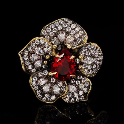 Classic Black & Gold Style Red Zircon Flower Rings