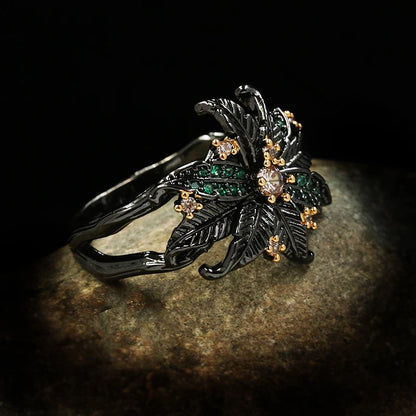 Begonia Flower Green Zircon Rings Black & Gold Style Flower Ring