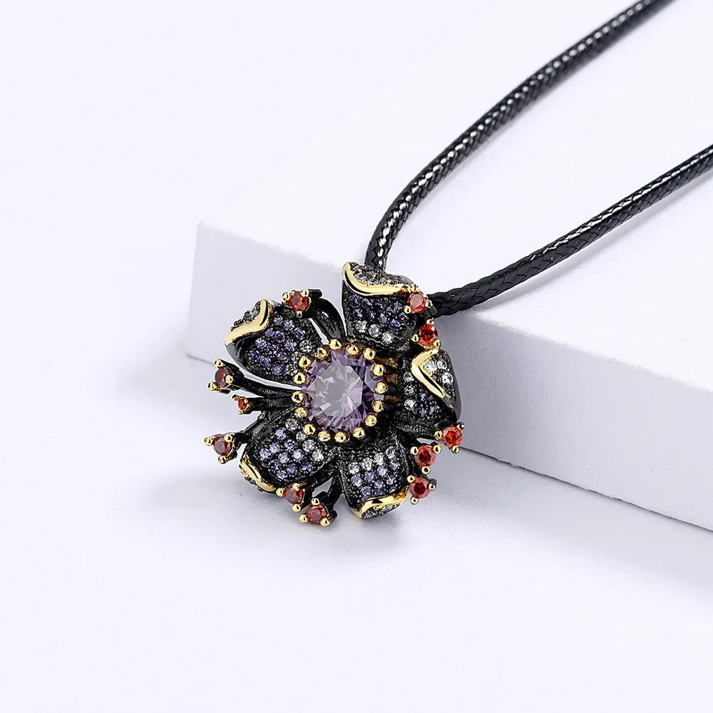 Purple Zircon Black & Gold Style Flower Necklaces