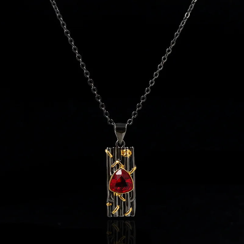 Vintage Red Zircon Geometric Black & Gold Style Necklace