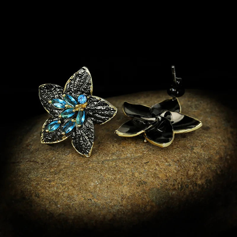 Black & Gold Style Earrings Five-pointed Star Blue Zircon Flower Earrings