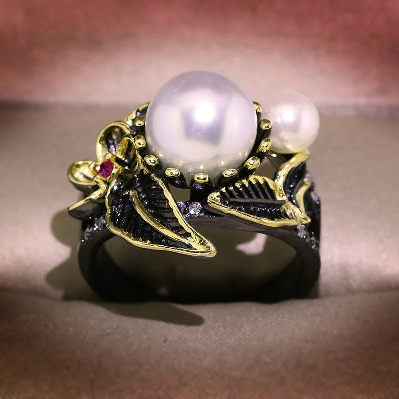 Gothic Floral Black & Gold Style Freshwater Pearl Ring