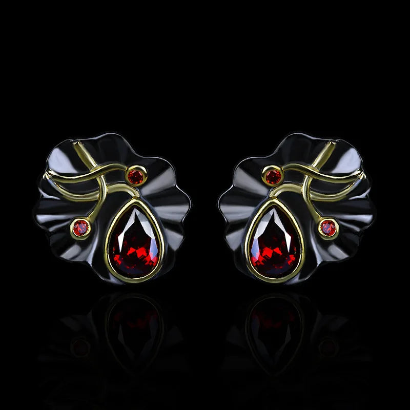 Black & Gold Style Earrings Small Black Red Zircon Earrings