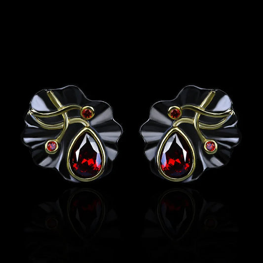 Black & Gold Style Earrings Small Black Red Zircon Earrings