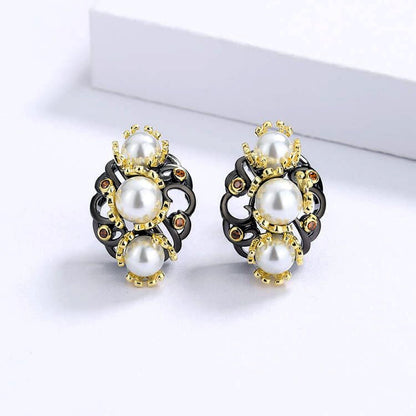 Earrings Golden Flower Pearl Earrings Fashion Black & Gold Series Jewelry Earrings