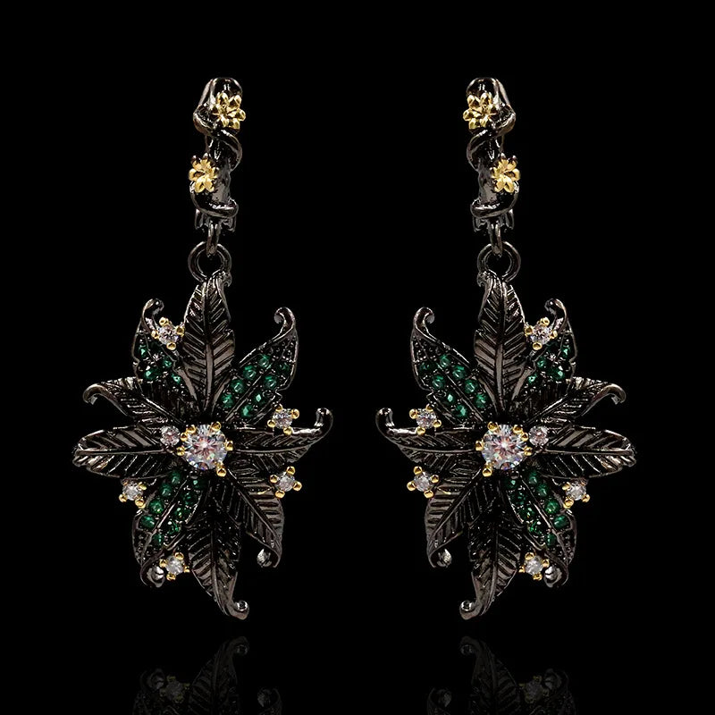 Vintage Black & Gold Style Flower Green Zircon Flower Earrings