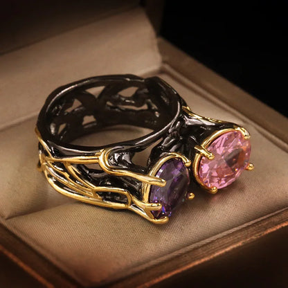 Zircon Black & Gold Style Pink & Purple Zircon Round Cocktail Rings