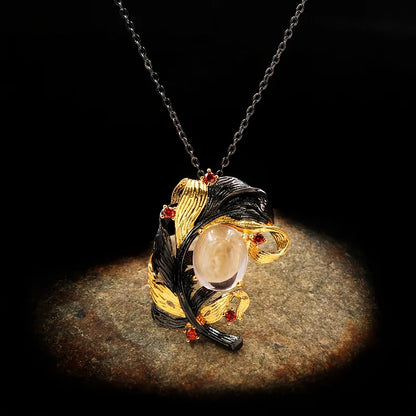 Black & Gold Style Winding Leaf Translucent Pink Crystal Zircon Necklaces