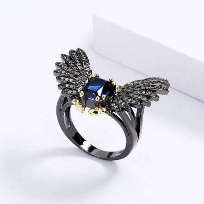 Micro- Blue Zircon Black & Gold Style Demon Wings Ring