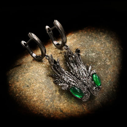 Vintage Wings Feather Drop Earrings Green Zircon Earrings