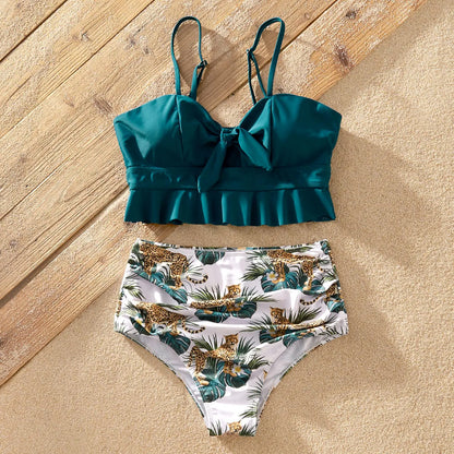 Family Matching! New Summer Ruffle Hem Jungle Tiger Print Family Matching Swimsuits Famliy Look