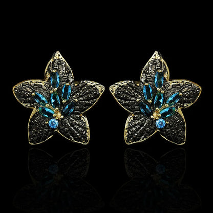 Black & Gold Style Earrings Five-pointed Star Blue Zircon Flower Earrings