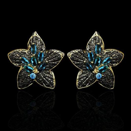 Black & Gold Style Earrings Five-pointed Star Blue Zircon Flower Earrings